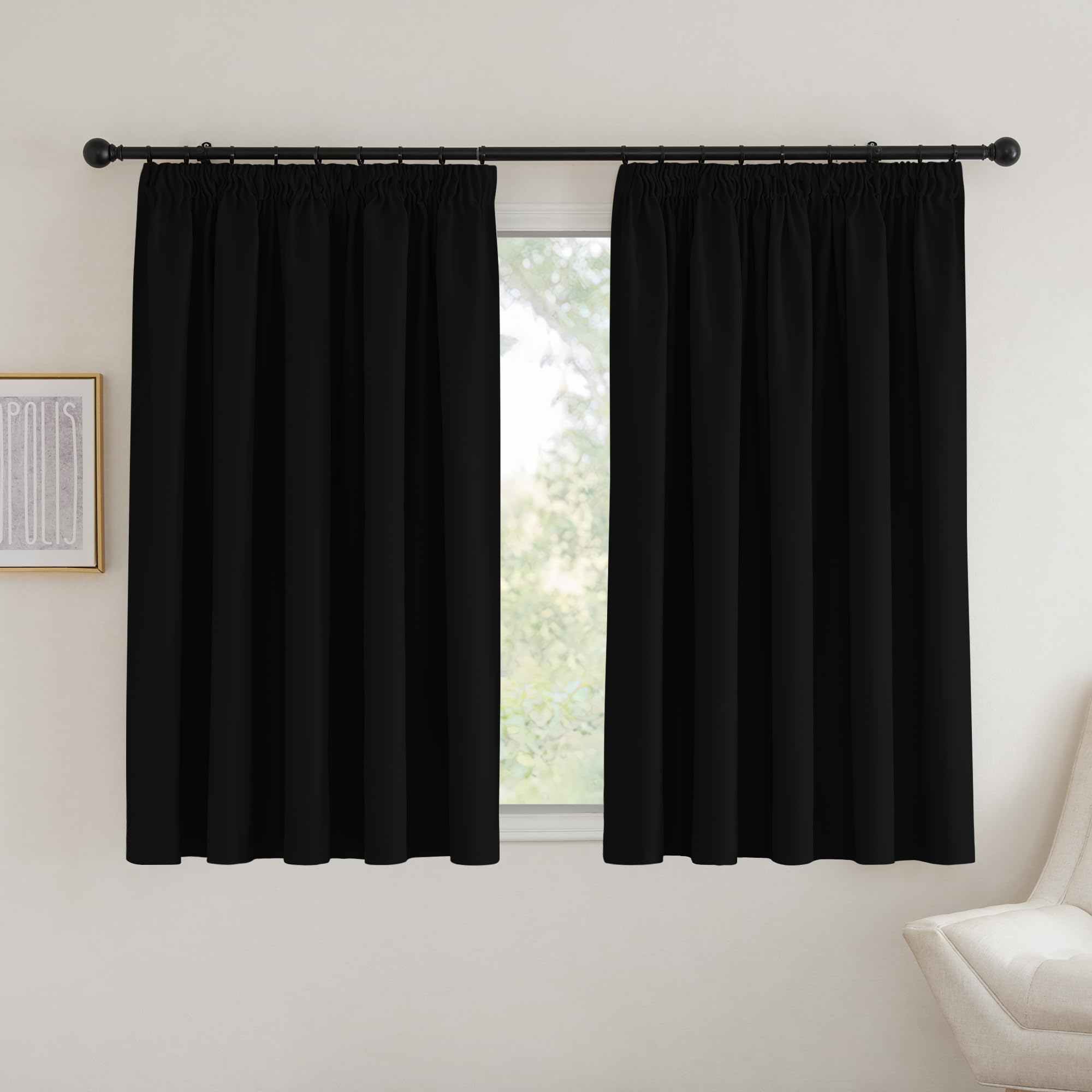 PONY DANCE Black Blackout Curtains for Bedroom with Hooks for Track Thermal Curtains 54 Drop Extra Wide Curtains for Room Darkening / Privacy Protection, 2 Pieces, W90 X L54 Inch, Black — image 1