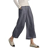 Womens Cotton Cropped Pants Loose Fit Wide Leg Capri Casual Plus Size Elastic Waist Trousers