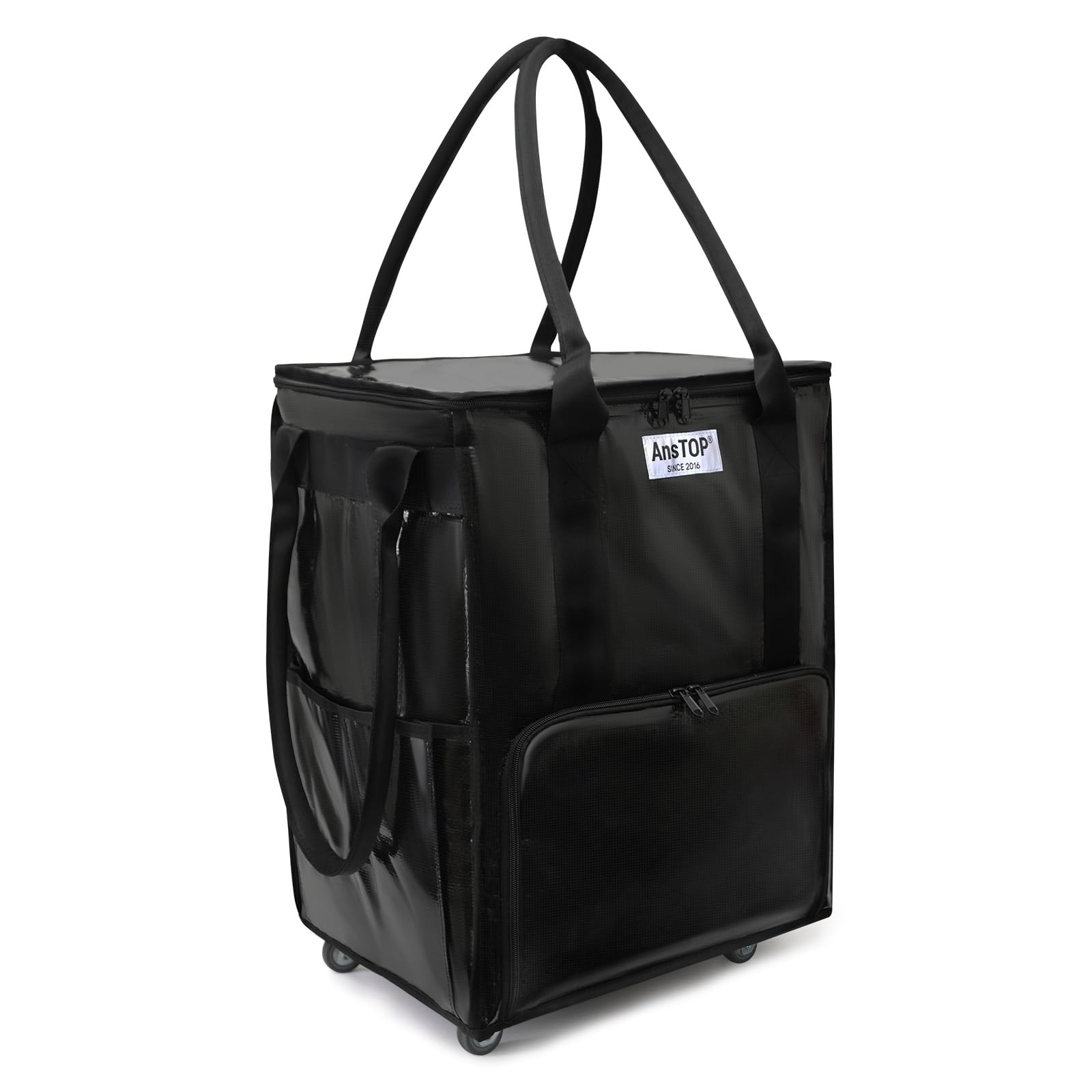 AnsTOP Reusable Grocery Bag on Wheels, 66LBS Foldable Shopping Cart with 5 Smooth Caster Wheels Zippered Top, Rolling Tote with Multiple Pockets for Groceries, Laundry, Travel, Camping,Medium,Black