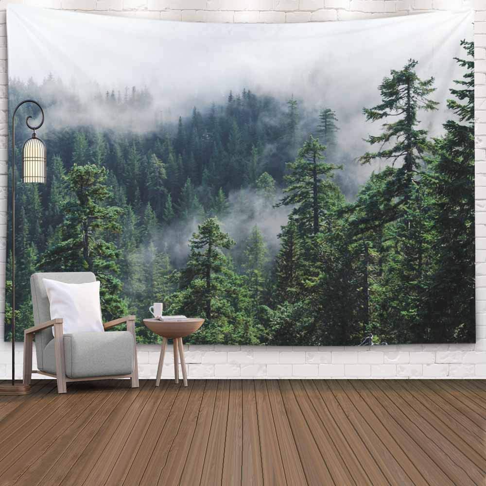 Crannel Tapestries,Fog The Mountain Forest Misty View from Larch Mount USA Pacific N Tapestry 80X60 Inches Wall Art Tapestries Hanging for Dorm Room Living Home Decorative,Turquoise Peach