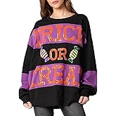 Pinclodly Halloween Sweatshirts for Women Sequin Color Block Crewneck Sweatshirts Long Sleeve Glitter Cute Sweatshirts