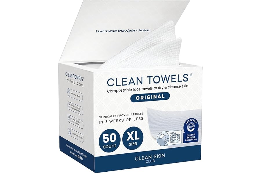 Clean Skin Club Clean Towels XL®, 100% USDA Biobased Face Towel, Disposable Face Towelette, Eczema Association Accepted, Makeup Remover Dry Wipes, Ultra Soft, 1 Pack, 50 Ct product image
