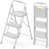 KINGRACK 3 Step Ladder, Folding Step Stool with Safety Lock &amp; Sturdy Anti-Slip Pedals, Pass 800lbs Load Testing, Lightweight, Portable Steel Ladder with Handrails for Home, Kitchen, Garage, Office