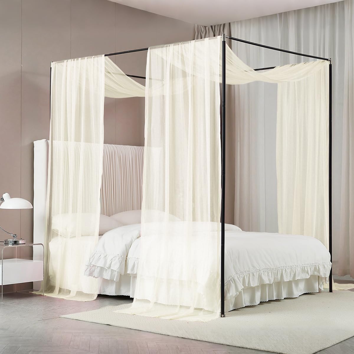 Photo 1 of Akiky Ivory Canopy Bed Curtains Princess Bed Canopy Scarf for Full/Queen Metal Bed Frame,Wood Frame Bed-2 Panel Sheer Curtain