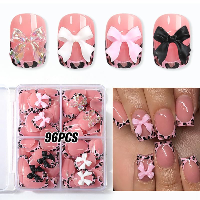 Photo 1 of 4Packs 96Pcs French Tip Press on Nails Short Square Fake Nails Pink Leopard French Acrylic Nails Bow Charms Glue on Nails Kit for Women Girls Manicure Decoration Set 12 Size