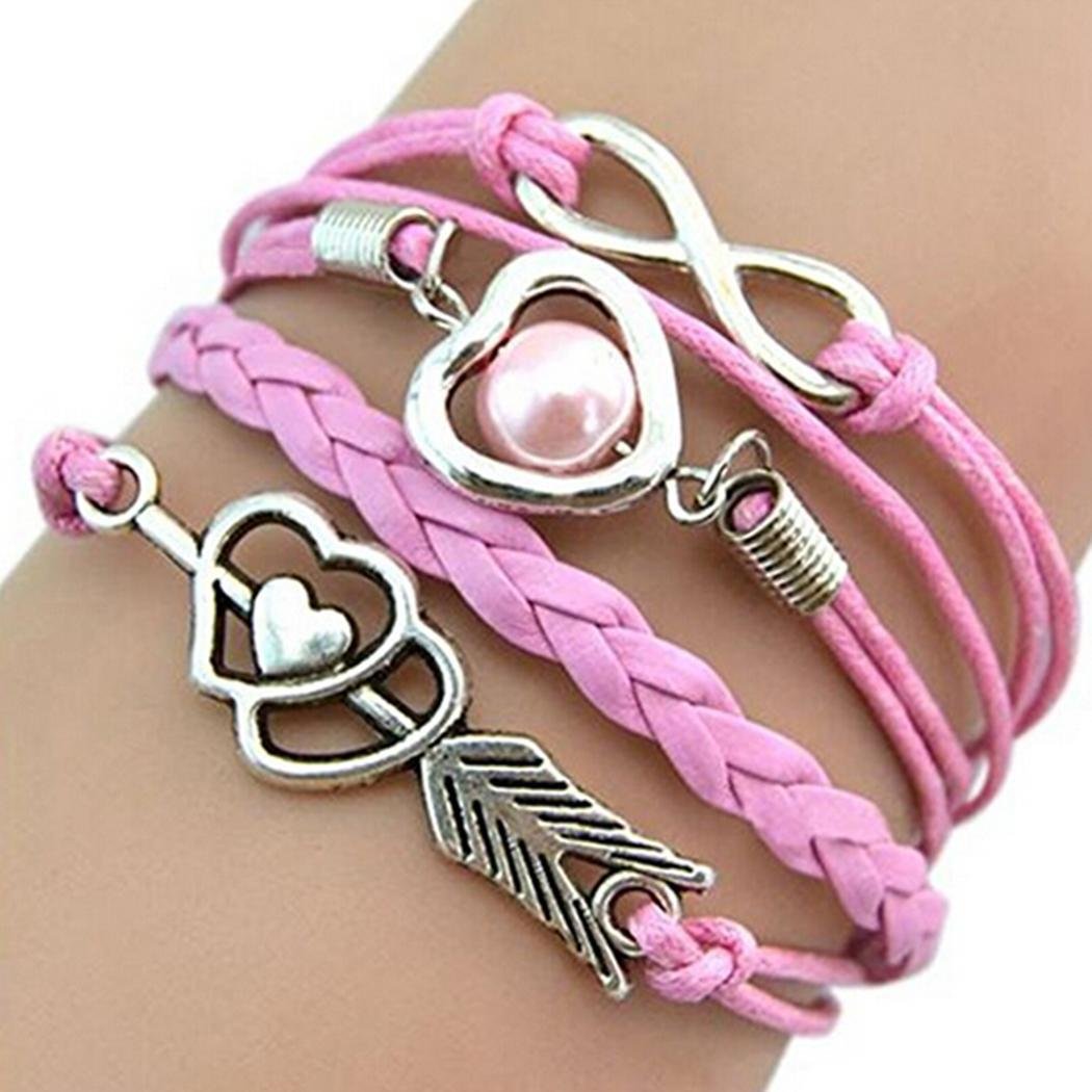 IEnkidu Women Vintage Style Love Infinity Friendship Multilayer Synthetic Leather Braided Bracelet (White)