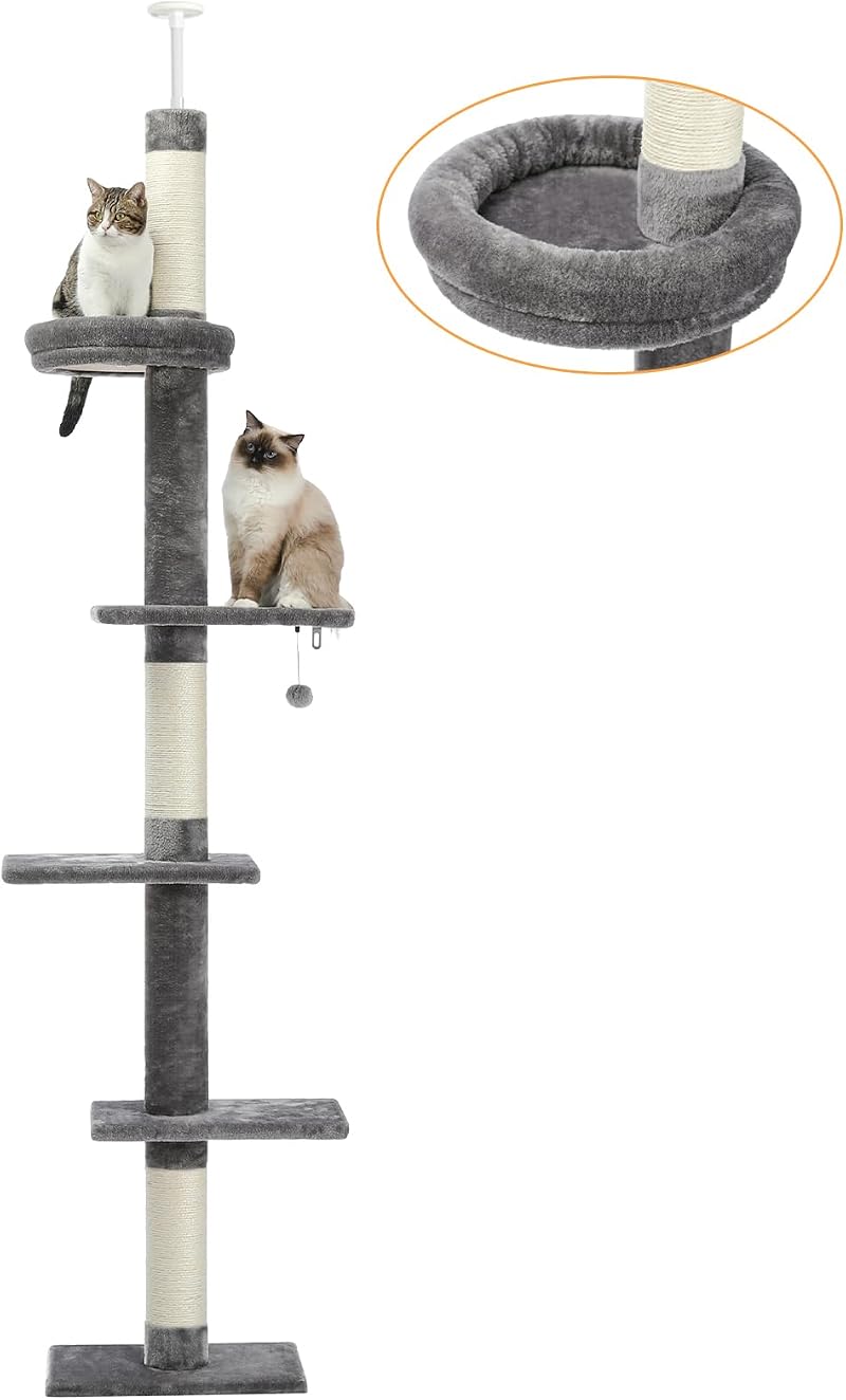 PAWZ Road Cat Tree 5-Tier Floor to Ceiling Height Adjustable Grey