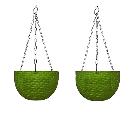 Pankaj Nursery Round Hanging Pot Coral Plastic Green Color with Metal Chain Black - Pack of 2