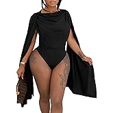 AWASIR Womens Cowl Neck Body Suits Tops Drape Ruched Cape Sleeve Bodycon Bodysuit Y2K Going Out Top