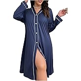 SOLY HUX Women's Plus Size Nightgowns Long Sleeve Button Down Sleepshirt Midi Pajama Dress