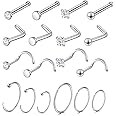 Nose Rings 20G 18G, Nose Stud, 20 Gauge Nose Ring Hoop, Surgical Steel Nose Piercing Jewelry, 18 Gauge Nose Stud Set, L Shaped Nose Ring for Women, Nose Hoop 8mm 10mm 12mm, Body Jewelry for Men, CZ Diamond 1.5mm 2mm 2.5mm 3mm