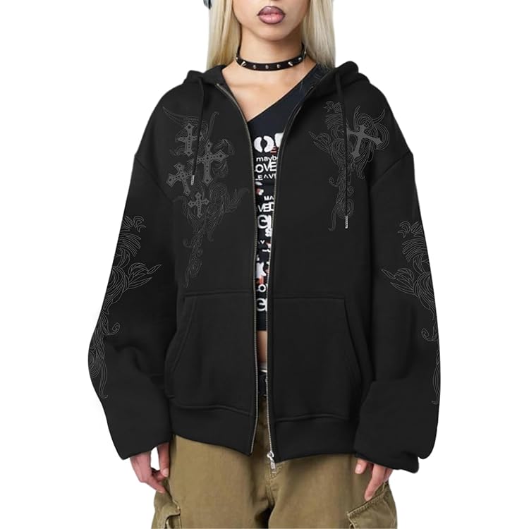 【本日限定価格！】GOTHIC CROSS HOODIE ZIP UP Women Men Y2K Goth Cross Zip Up Hoodie Grunge Punk Emo