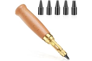 TLKKUE Adjustable Leather Hole Punch Automatic Screw Hole Punch Tool with Wood Color Wooden Handle Bookbinding Tool Leather Hole Punch with 6 Tips Size 1.5mm/2mm/2.5mm/3mm/3.5mm/4mm