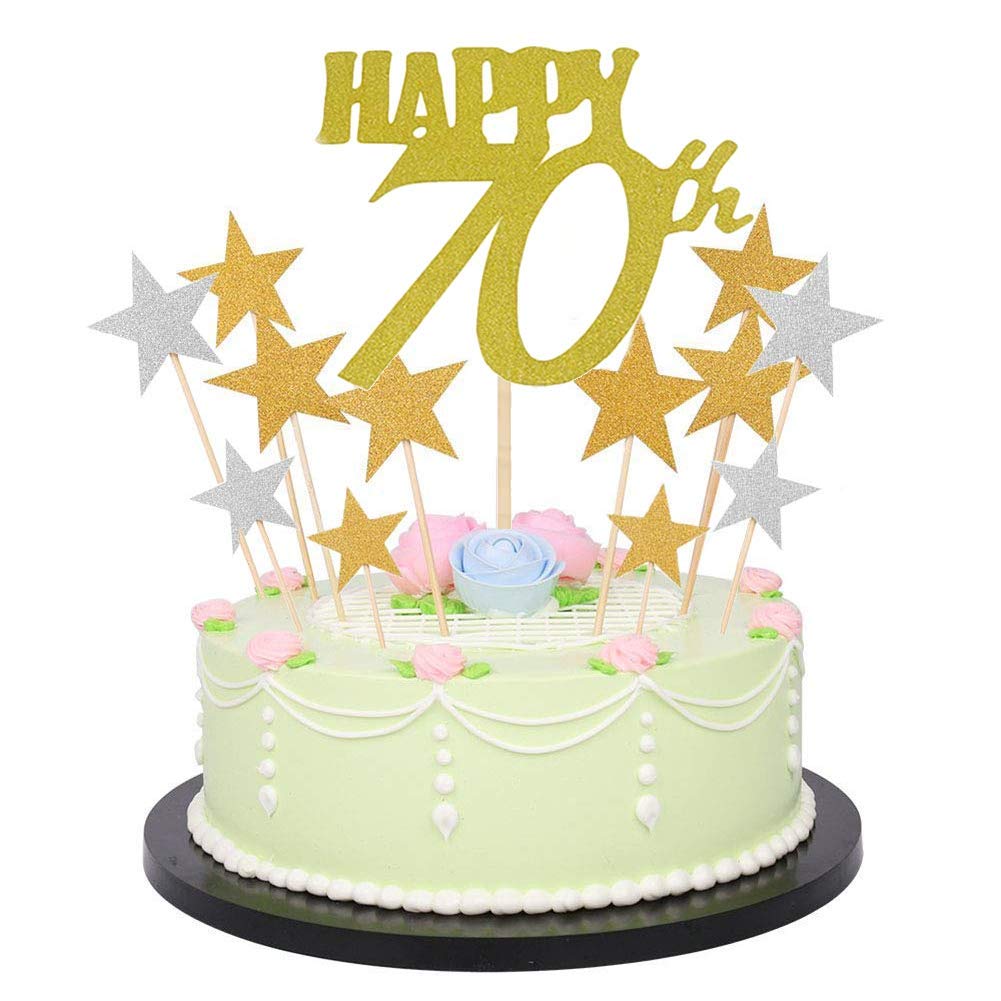 Dusenly Glitter Letters Happy Birthday Cake Topper Decorations,Golden Numbers Birthday Happy Cake Topper and Glitter Gold Silver Star Cake Cupcake Topper (Pack of 41) 18-80th (70th/Star)