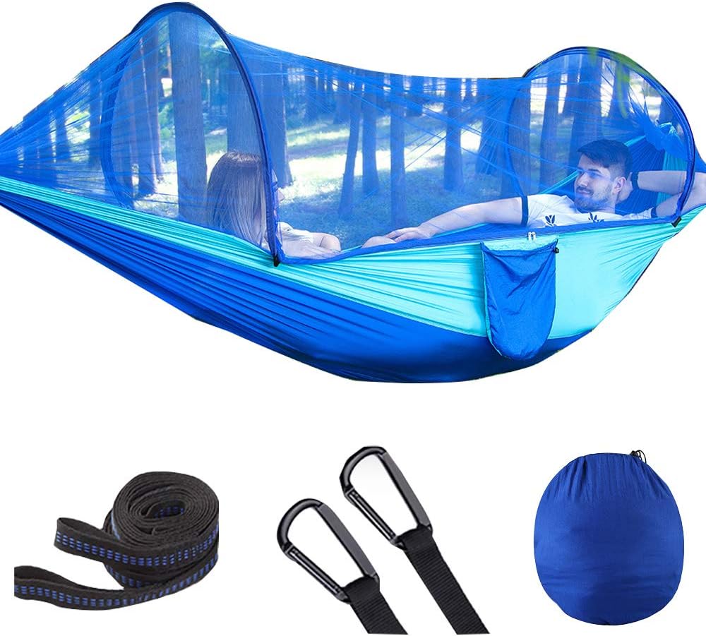 U/N Camping Hammock with Wide Lay Flat and Mosquito Net, Safe and Cozy, Durable Parachute Nylon Hanging Tent with Tree Straps, Portable Hammock for Outdoor, Indoor, Blue/Green: Sports & Outdoors