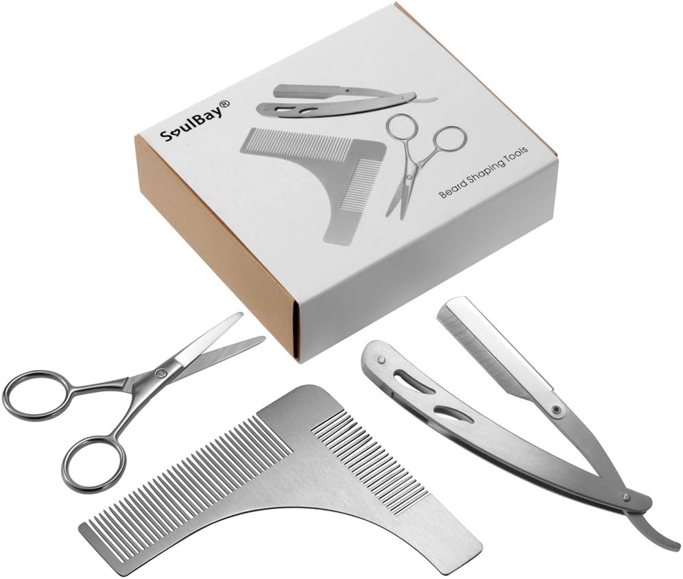 Beard Tools, SoulBay Beard Shaping Grooming Kit for Men Including Stainless Steel Mustache Comb Template, Barber Straight Edge Manual Razor (No Blades) and Scissors, Gift Choice