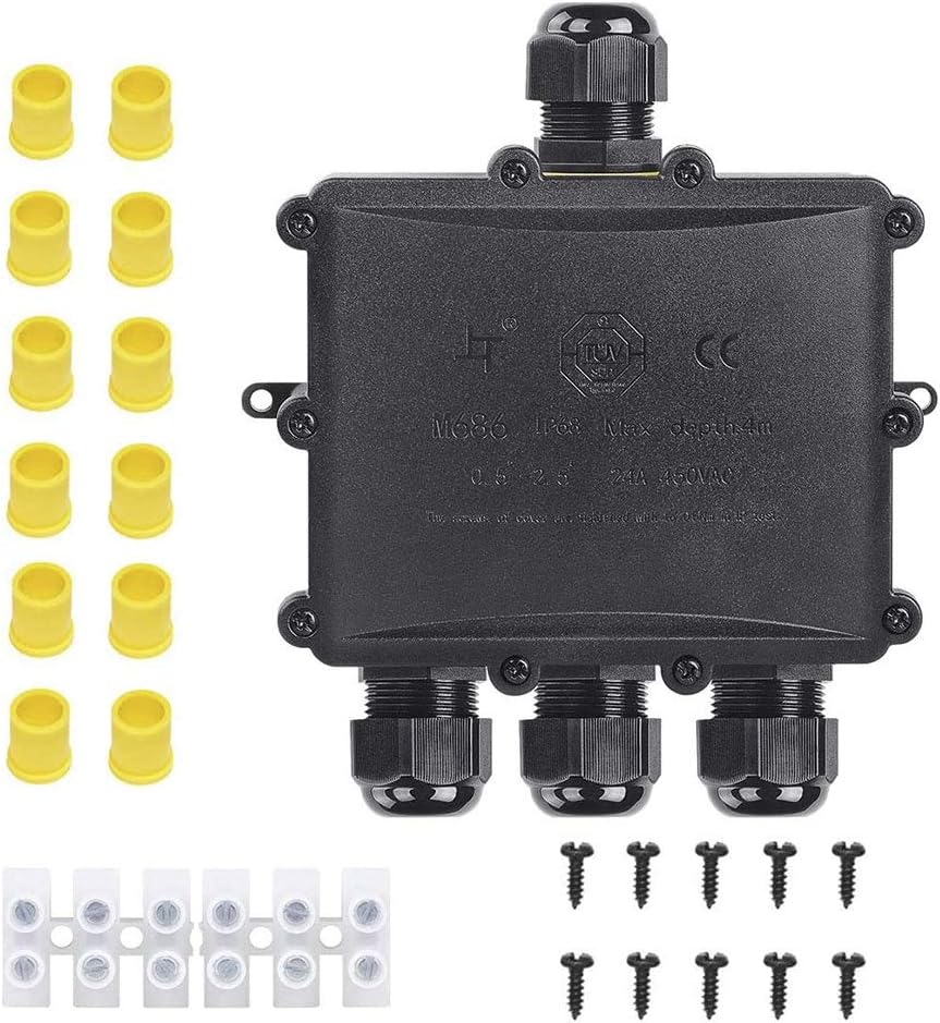 IP68 Waterproof Junction Box, HUYU 3-Way Outdoor Cable Connectors With 3 Cable 3