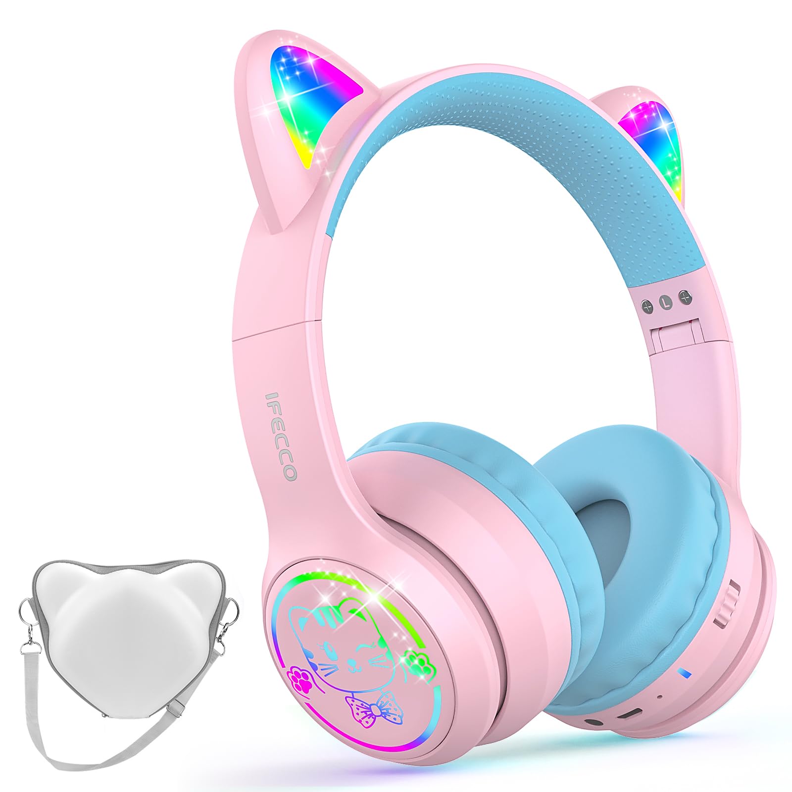 IFECCO Kids Wireless Headphones with Case,Cute LED Light Up Cat Ear Children Girls Bluetooth 6.0 Headphones Volume-limiting for School iPad Tablet Gifts Image