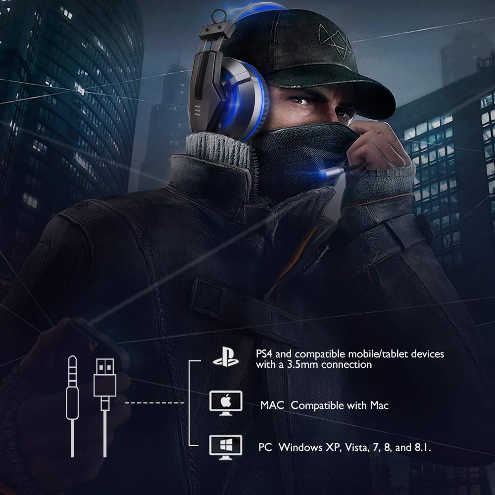 EKSA Gaming Headset PS4, 3.5mm Xbox One Headset mit Noise Cancelling Mikrofon, LED-Licht, Bass Surround Sound, 50mm Lautsprecher Treiber Kopfhörer für PC MAC Laptop IPad IPod Smartphone(Blau)