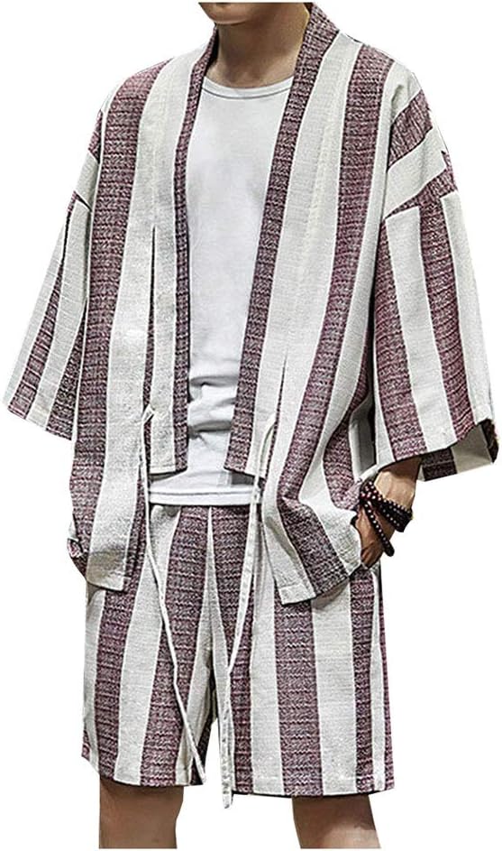 LifeHe Men's Kimono Cardigan Robe Pants Suit Japanese Linen Striped Open Front Shirts Shorts Set
