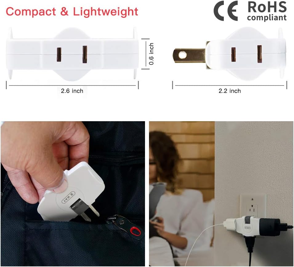 SYCON 3 Way Wall Outlet Extender AC Adapter, 2-Prong Swivel Mini Indoor Wall Tap Power Outlet Extender Plug, White - - 