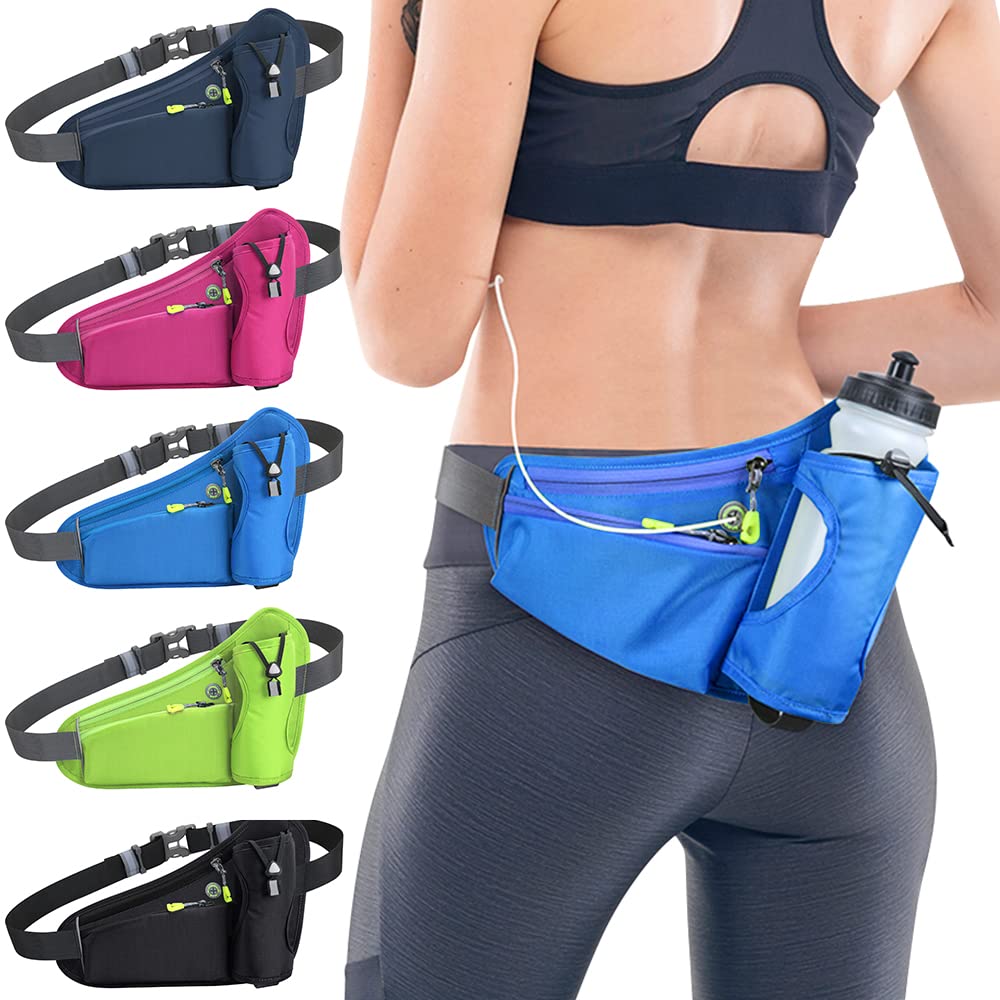 Tyuodna Running Belt with Water Bottle Holder,Ultra Light and Waterproof Waist Pack, with Reflective Strips and Headphone Hole Ideal Adjustable for Exercise, Travel Hiking & Outdoor Activities (Blue)