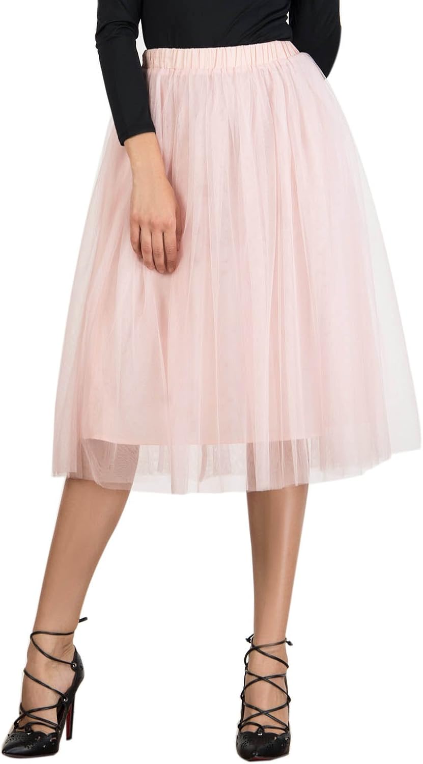 Joeoy Women's Elastic Waist Ballet Layered Princess Mesh Tulle Midi Skirt at  Women’s Clothing store