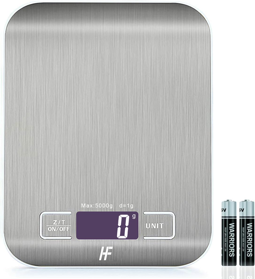 HomeFashion Kitchen Scales Stainless Steel High Precision 5 kg 1g Digital Scales with LCD Display, Tare Function, 6 Units of Measure, Batteries Included