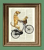 The Long Voyage Home Yellow labrador retriever and lab puppy dog on a bike upcycled Dictionary Page book art print