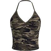 COZYEASE Women's Camo Print V Neck Sleeveless Crop Tops Casual Ruched Backless Halter Tops