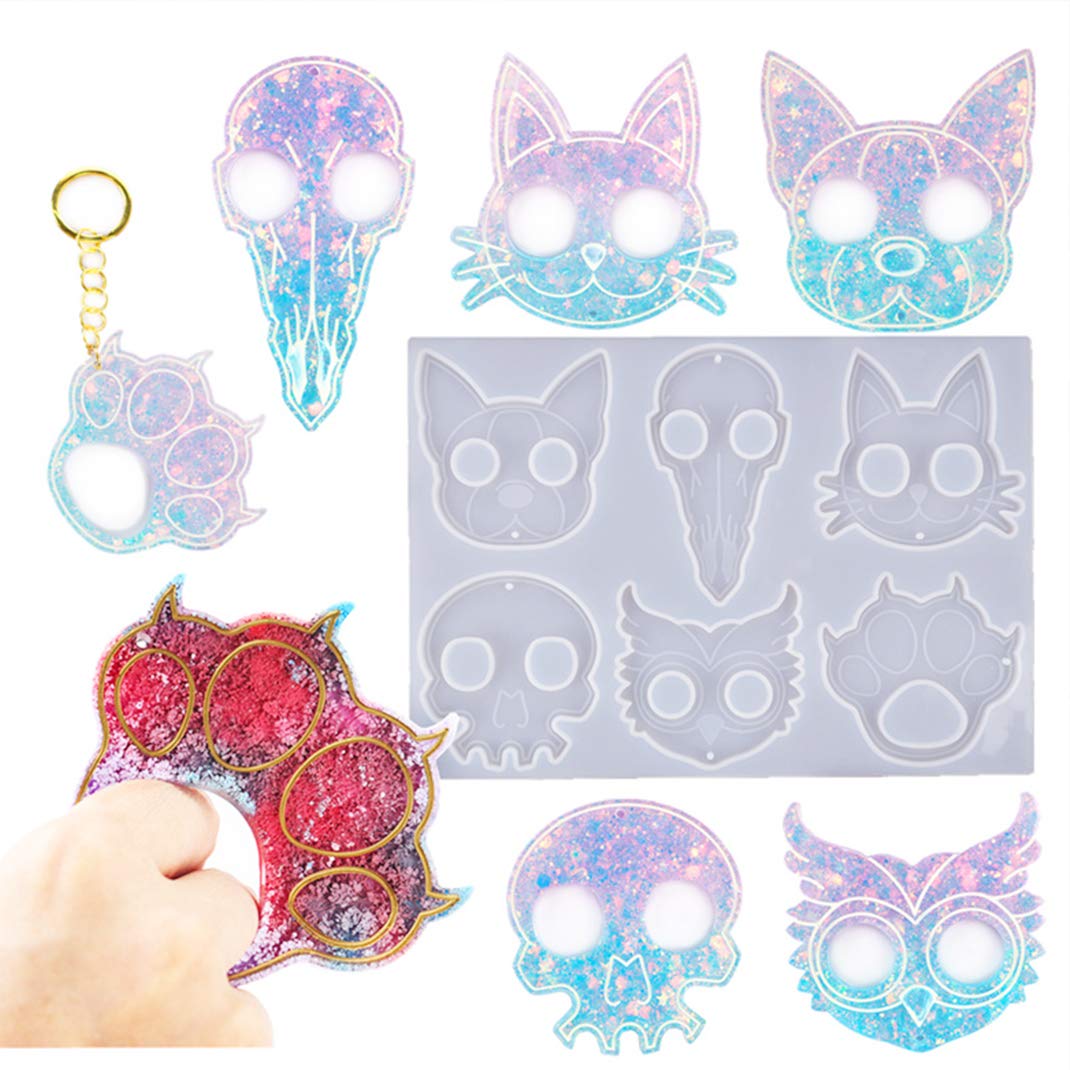iSuperb Cat Paw Moulds Keychain Resin Silicone Moulds Cat Owl Skeleton Bulldog Shaped Epoxy Resin Casting Mould with Hole for DIY No Touch Tools, Pendants, Gift Making