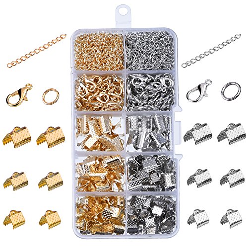 eBoot 740 Pieces Jewelry Findings Kit Ribbon Clamp Bookmark Pinch Crimp Ends Lobster Claw Clasps Jump Rings Necklace Extender Chains