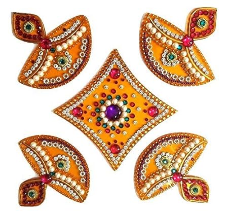 Ss Craft Creations Handcrafted Decorative Diwali Rangoli Set - Multicolor Jewel Stone/ Kundan Decorations On Yellow Acrylic Base - 5 Piece Set