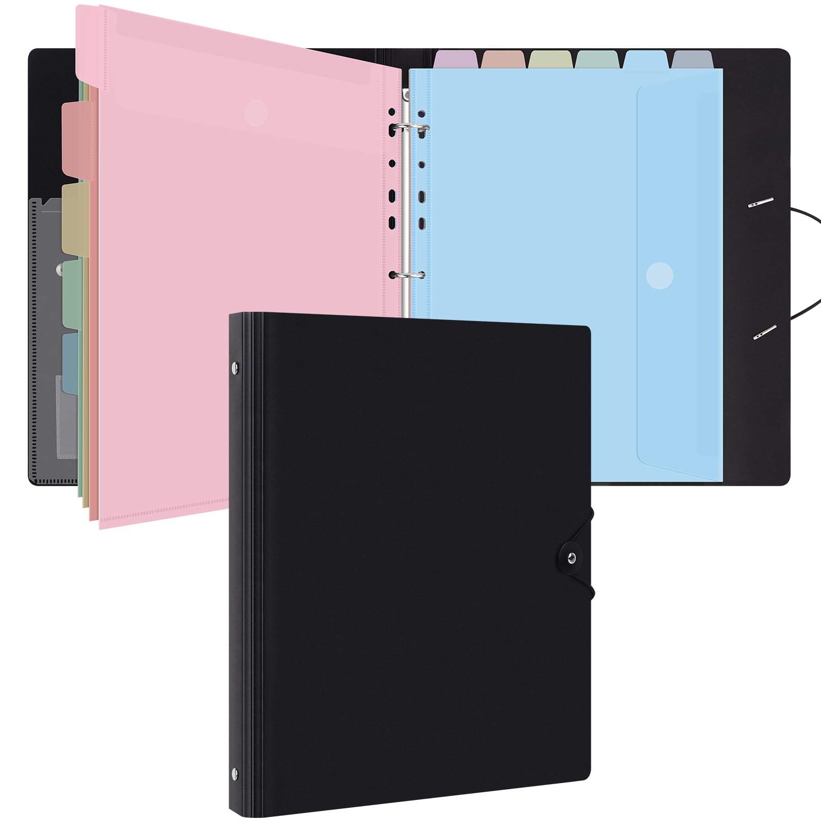 Uquelic A4 Ring Binder with 12 Pcs Punched Pockets - Upgraded Folders for Paperwork, Plastic Popper Wallets - Document Organiser for Home Office School (Macaron Color)