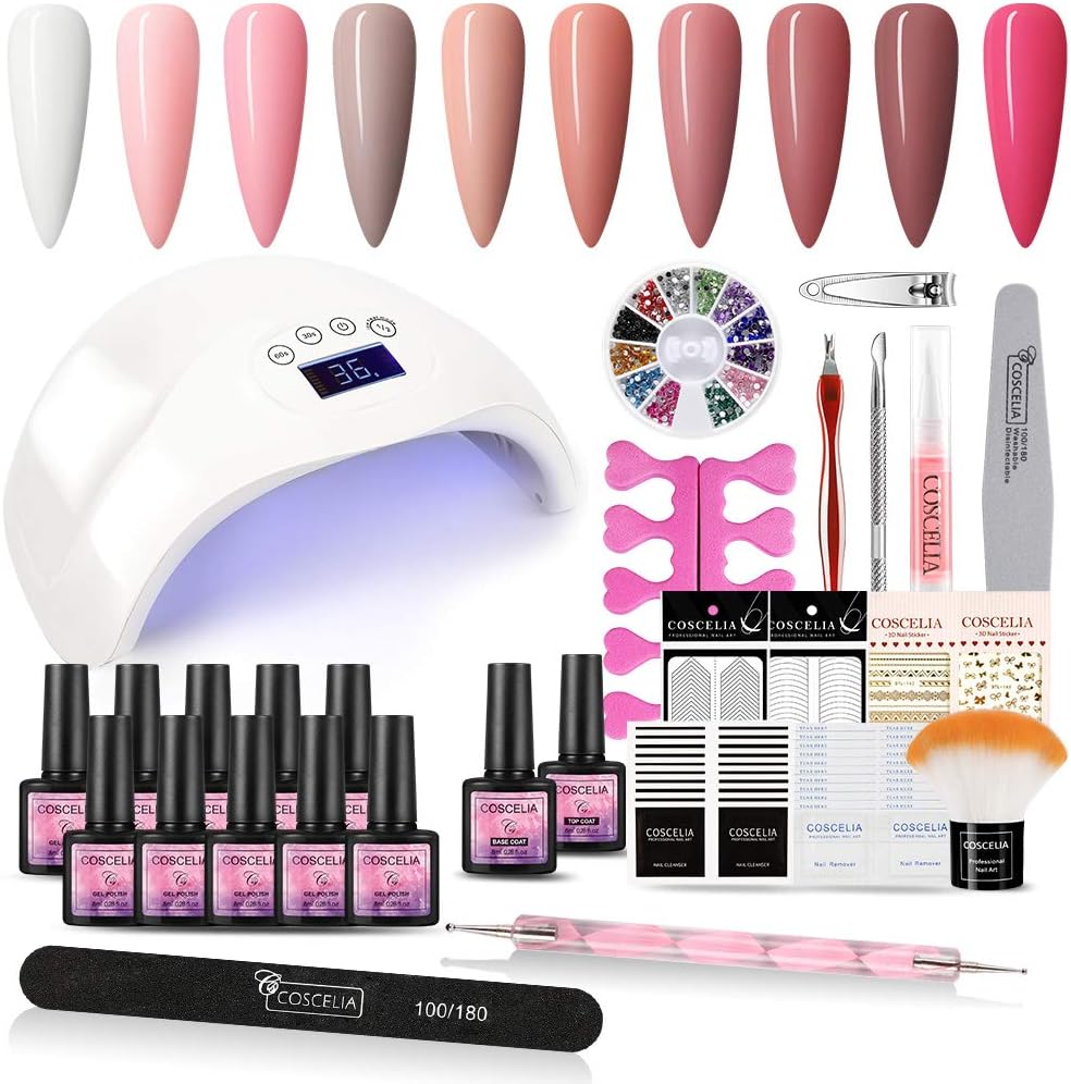 Gel Nail Polish Starter Kit 48W Nail Dryer Lamp and 10 Colors Nail Gel Art Kit Soak Off Nail Polish Gel for Nail DIY Design