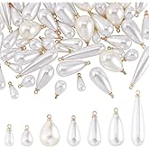 AHANDMAKER 70Pcs Teardrop Imitation Pearl Pendants, 7 Styles Resin Brass Pearl Water Drop Charms, Teardrop Pearl Bead Charms with Golden Brass Findings for Earring Necklace Bracelet DIY Jewelry Making