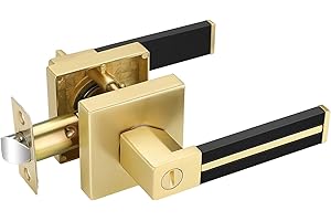 EHOMEWARE Gold Door Handle 1 Pcs, Privacy Door Levers with Black Leather Handle, Brass Interior Bedroom Bathroom Door Knob, Heavy Duty Privacy Bed/Bath Door Lockset, Reversible for Right/Left-Handed Door