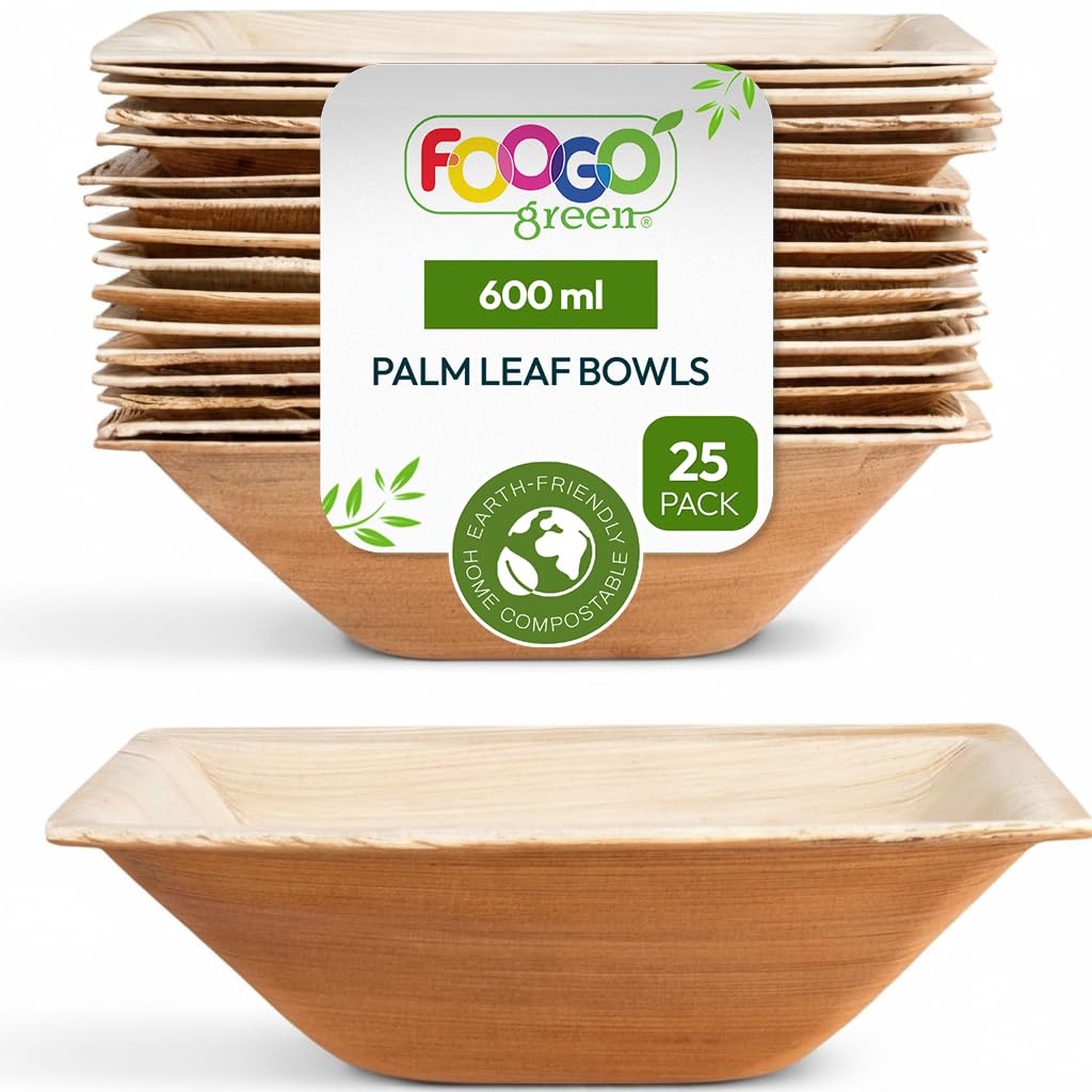 FOOGO Green 25pcs Disposable Palm Leaf Bowls, 6.5" (16.5cm) 21oz (600ml), for Soup, Desserts & Salad, Deep Square, Sturdy Eco Friendly Biodegradable, Bamboo, Wooden and Strong Paper Bowls