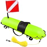 Spearfishing Torpedo Buoy with Safety Flag and Rope | Hi-Visibility Inflatable Floater Ball with Dive Down Flag and 82ft Ropes for Freediving, Snorkeling and Swimming