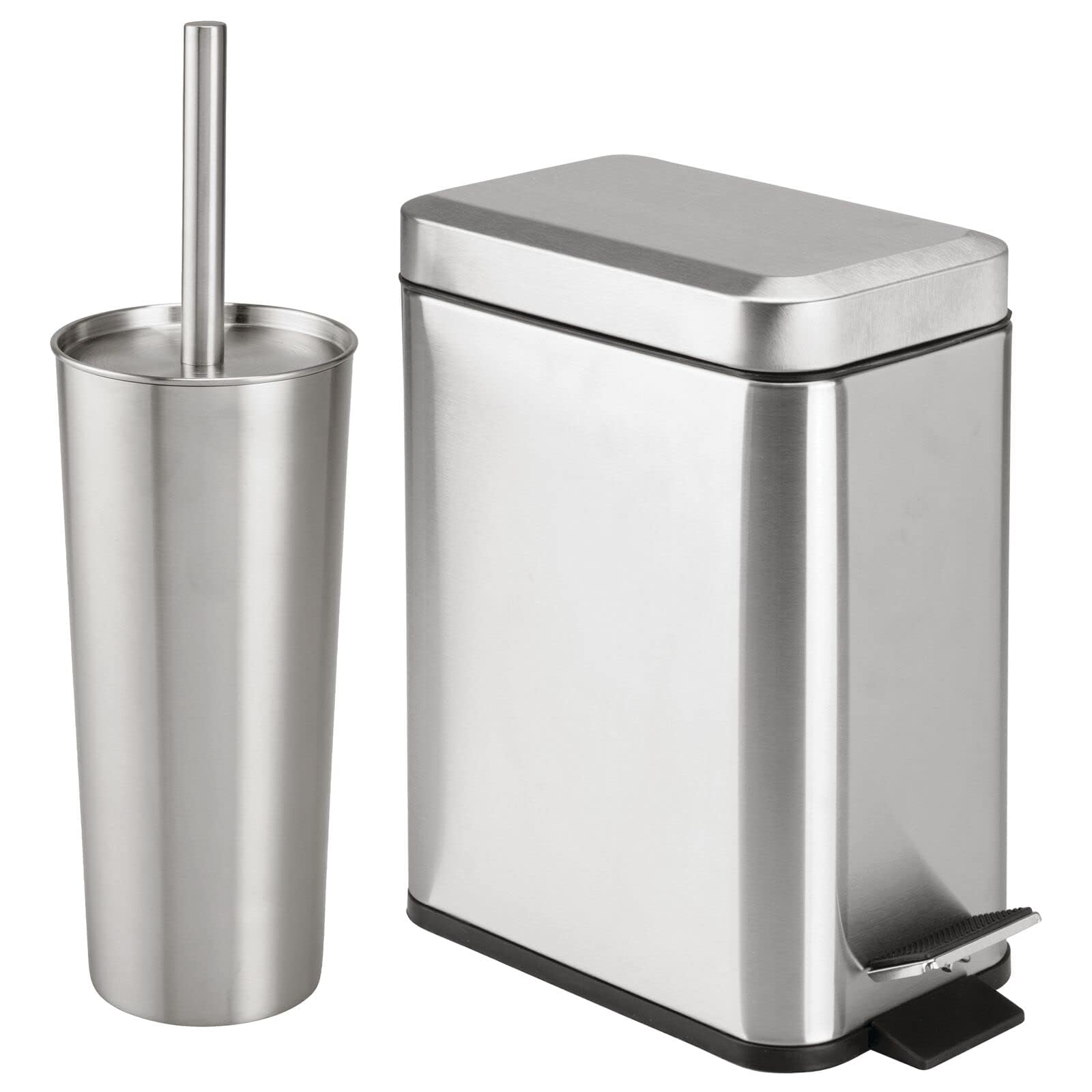 Photo 1 of mDesign Metal Freestanding Slim Toilet Bowl Brush and Holder + Rectangle Narrow 5 Liter / 1.3 Gallon Step Pedal Trash Can Wastebasket for Bathroom - Small, Compact Design - Set of 2 - Brushed/Chrome