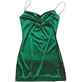 ZAFULWomen's Casual Satin Dress Spaghetti Strap Cowl Neck Slips Side Slit Cocktail Party Silk Mini Cami Dresses