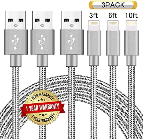 Ulimag Lightning Cable 3Pack 3FT 6FT 10FT Nylon Braided Certified iPhone Cable USB Cord Charging Charger for iPhone X, 8, 8 Plus, 7, 7 Plus, 6s, 6s Plus, 6, 6 Plus, SE, iPad (Grey)