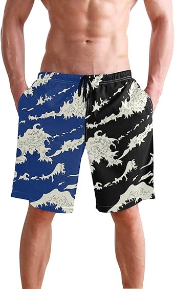 Men's Swim Shorts Wave Japanese Style Bathing Suits with Pockets Funny