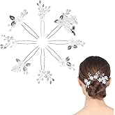 8Pcs Silver Bridal Wedding Hair Pins,White Flower Leaf Hair Piece Pearl Rhinestone Hair Clips,Hair Accessories for Women Brides Bridesmaid