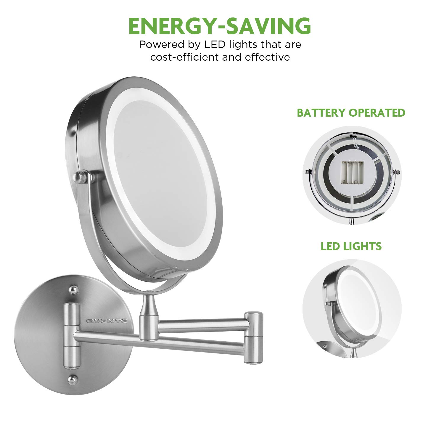 OVENTE Wall Mounted Double Sided 180 extendable arm Vanity Makeup Mirror 7 Inch 1X with Full View 7X Magnification and LED Light, 360 Rotation, 4 AAA Battery Operated Nickel Brushed MFW70BR1X7X : Beauty