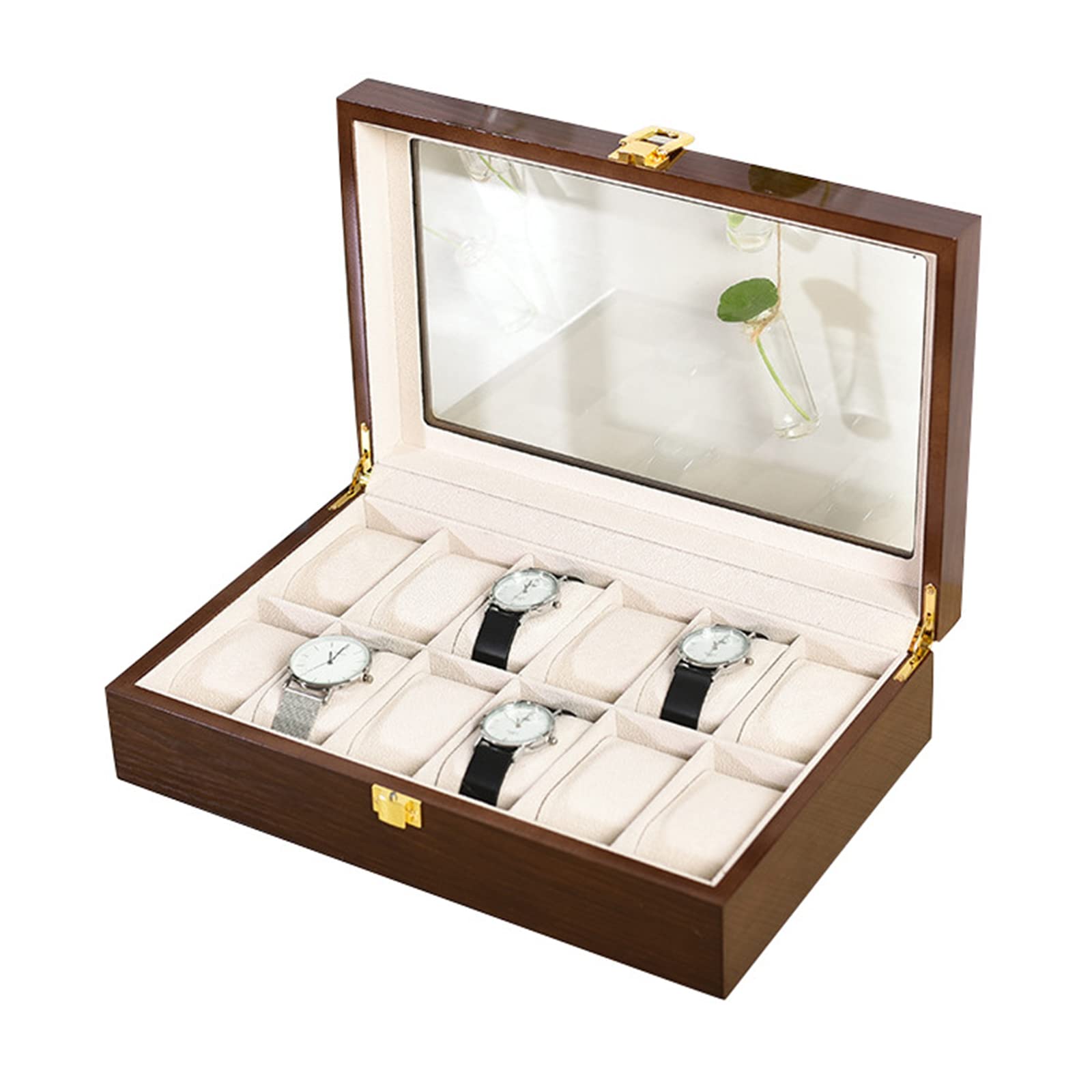 Watch Storage Box Watch Display Holder Case Brown Solid Wooden Jewelry Bracelet Collection Organiser with Glass Lid (12 Slots)