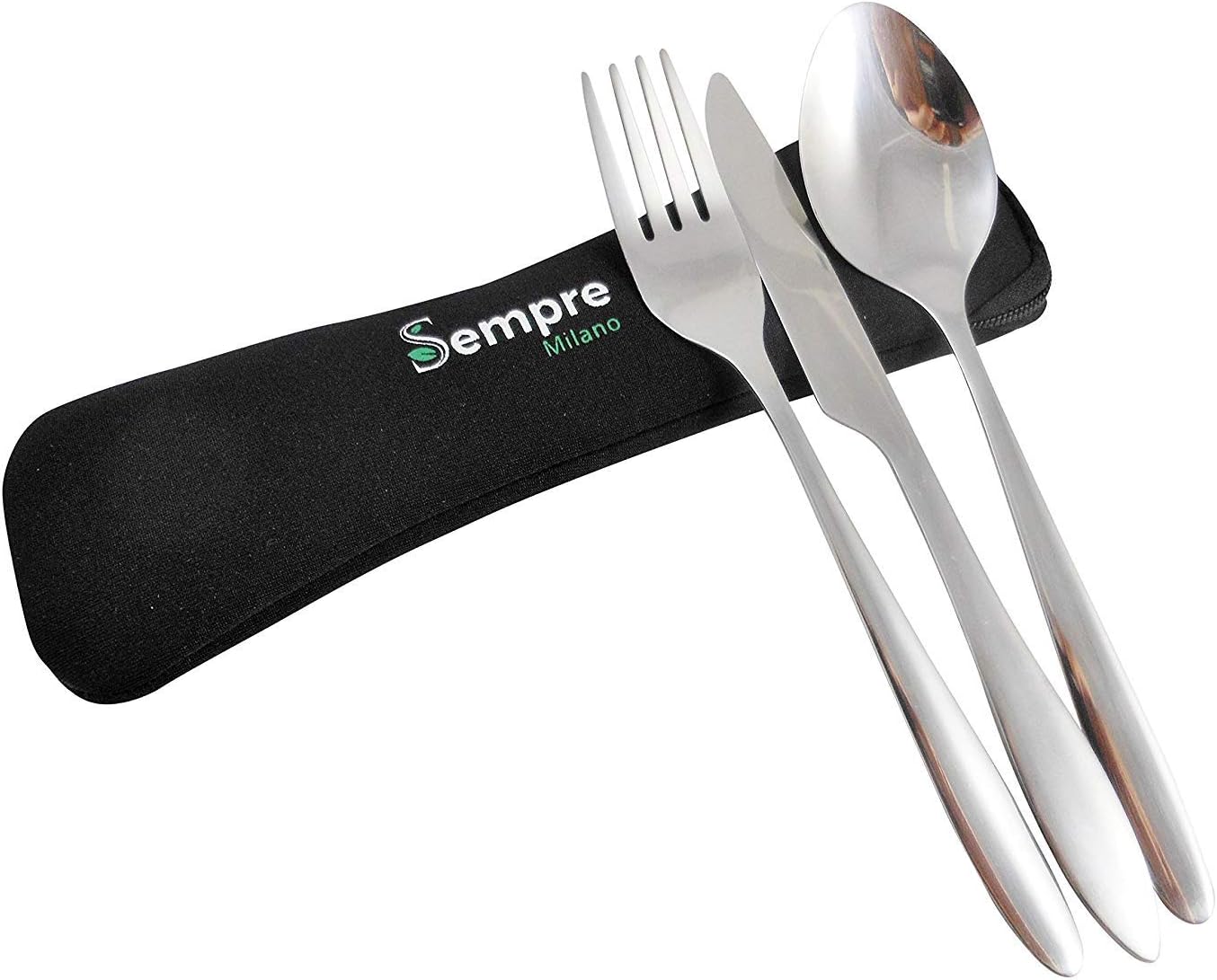 Utensils to Go Lunch Set, 3 Piece Stainless Steel Cutlery (Knife Fork Spoon) for Camping and Travel, Reusable Silverware with Neoprene Case by Sempre