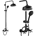 gotonovo Bathroom Exposed Shower Fixture Set 2 Functions 8 Inch Rainfall Shower Head Wall Mount 2 Double Knobs Cross Handle Mixer Shower System Combo Unit ABS Handheld Spray Matte Black