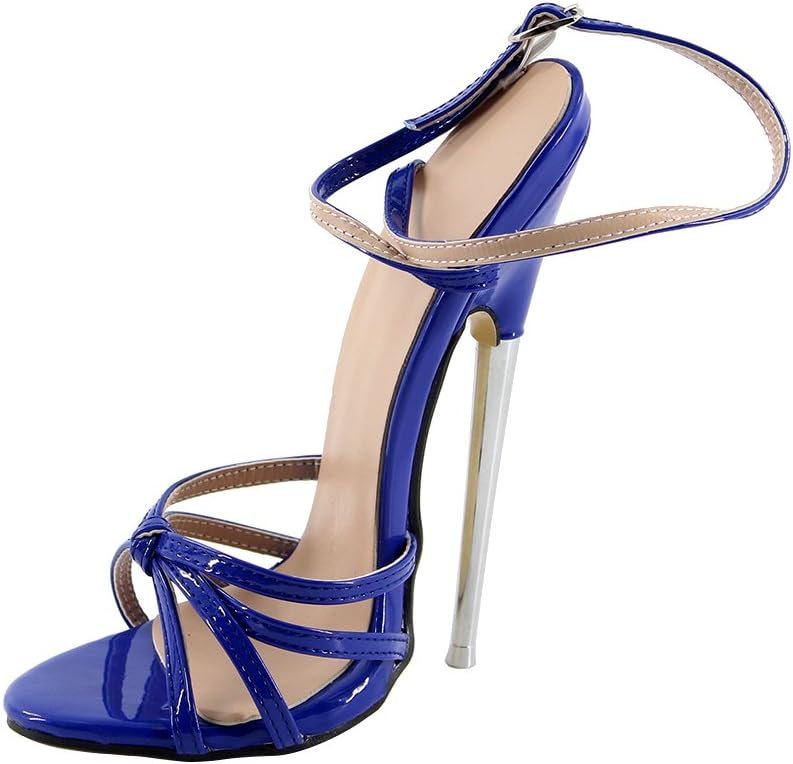 7" Thin Metal Heel Buckle Strap Lady Sandals Blue Shiny Sexy Fetish Shoes
