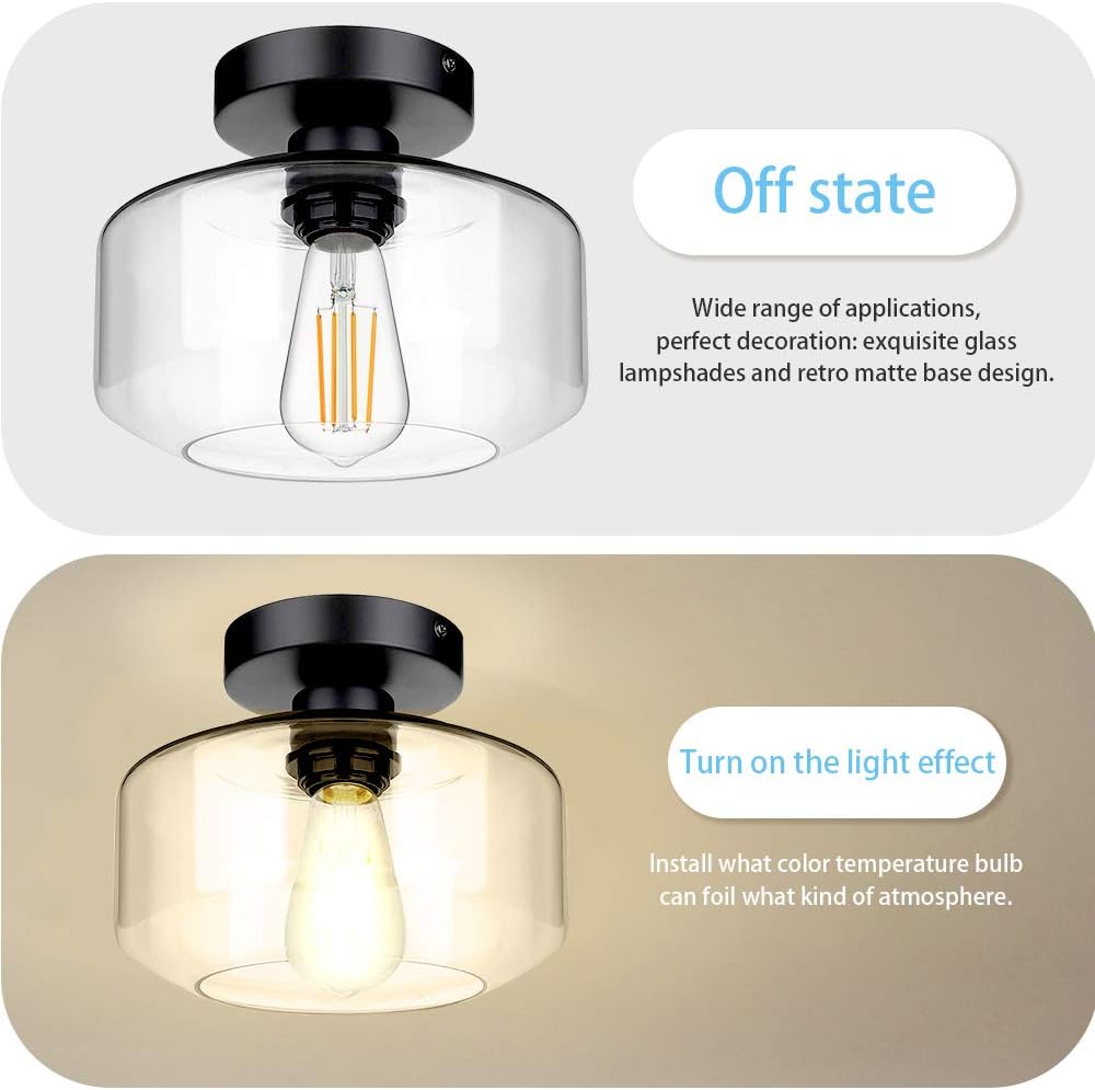 Industrial Semi Flush Mount Ceiling Light, Farmhouse Light Fixture with E26 Base Clear Glass Pendant Lamp Shade, Ceiling Light Fixture for Hallway, Entry, Porch, Kitchen, Bedroom, Dining Room, Bar - - 